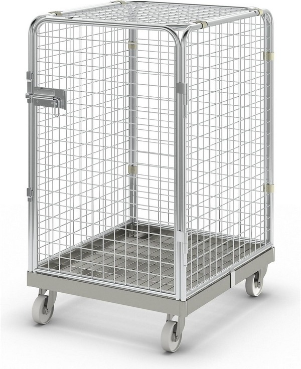 Antidiebstahlbehälter mit Stahl-Rollplatte, ohne Zwischenboden, galvanisch verzinkt, mit 1 Tür, Höhe 1200 mm, Tiefe 800 mm und die Breite 710 mm, 2 Lenkrollen sowie 2 Bockrollen.