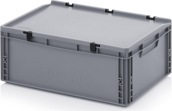 Auer Packaging Eurobehälter - Eurobox 60 x 40 x 23,5 cm mit Scharnierdeckel, 45 Liter Volumen, auch mit Deckel stapelbar, staubgeschützt, geschlossene Handgriffe.