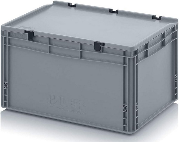 Auer Packaging Eurobehälter - Eurobox 60 x 40 x 33,5 cm mit Scharnierdeckel, 66 Liter Volumen, auch mit Deckel stapelbar, staubgeschützt, geschlossene Handgriffe.