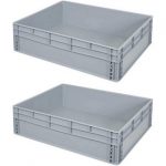 Großvolumiger Stapelbehälter im Euroformat 800 x 600 mm, besonders stabil durch aufwendige Außenverrippung, mit 2 Griffleisten, LxBxH 800x600x220 mm.