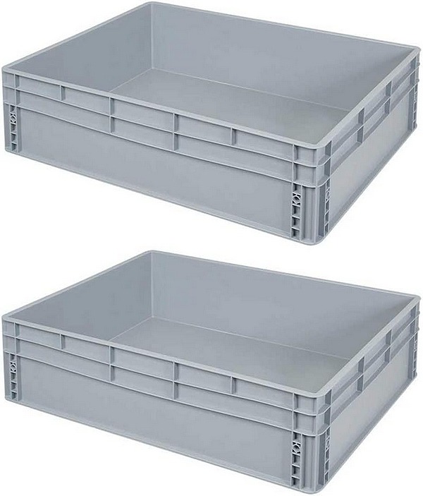 Großvolumiger Stapelbehälter im Euroformat 800 x 600 mm, besonders stabil durch aufwendige Außenverrippung, mit 2 Griffleisten, LxBxH 800x600x220 mm. 