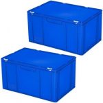2x Eurobehälter mit Deckel, PE-HD lebensmittelecht, stapelbar, LxBxH 600x400x330 mm, 63 Liter, allseits geschlossen, mit Griffleisten.