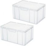 2x Eurobehälter mit Deckel, PE-HD lebensmittelecht, stapelbar, LxBxH 600x400x330 mm, 63 Liter, allseits geschlossen, mit Griffleisten.