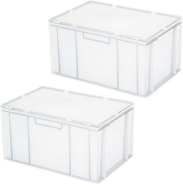 2x Eurobehälter mit Deckel, PE-HD lebensmittelecht, stapelbar, LxBxH 600x400x330 mm, 63 Liter, allseits geschlossen, mit Griffleisten. 2x Eurobehälter mit Deckel, PE-HD lebensmittelecht, stapelbar, LxBxH 600x400x330 mm, 63 Liter, allseits geschlossen, mit Griffleisten.