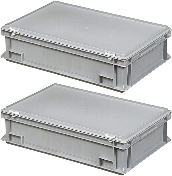 BRB Spar-Set - 2 Eurobehälter mit Deckel, stapelbar, LxBxH 600x400x165 mm, PE-HD, lebensmittelecht, grau. 