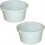 2 Lebensmittelbehälter 60 Liter, rund, konische Form, Ø 590/470, Höhe 335 mm, lebensmittelechter Polyethylen-Kunststoff (PE-HD), weiß, kältebeständig bis -40°C, hitzebeständig bis +60°C.