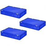 BRB Spar-Set - 3x Eurobehälter mit Deckel mit Scharnieren und 2 Schiebeverschlüssen, PE-HD, lebensmittelecht, LxBxH 600x400x130 mm, 23 Liter, blau.