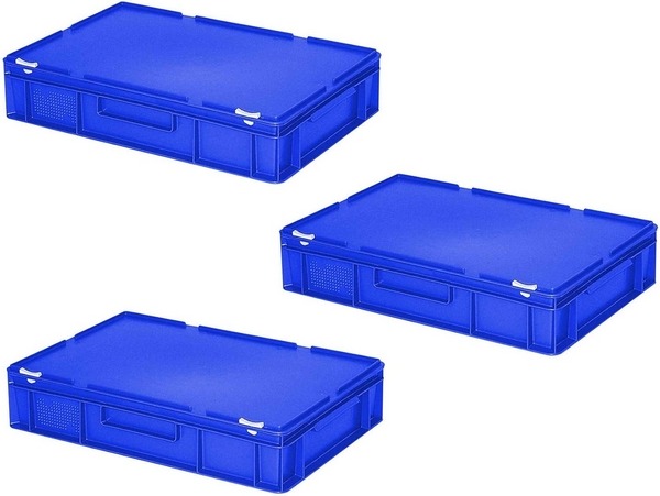 BRB Spar-Set - 3x Eurobehälter mit Deckel mit Scharnieren und 2 Schiebeverschlüssen, PE-HD, lebensmittelecht, LxBxH 600x400x130 mm, 23 Liter, blau.