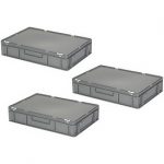 BRB Spar-Set - 3x Eurobehälter mit Deckel mit Scharnieren und 2 Schiebeverschlüssen, PE-HD, lebensmittelecht, LxBxH 600x400x130 mm, 23 Liter, grau.