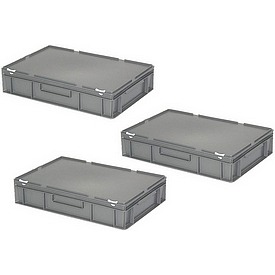 3x Eurobehälter mit Deckel, LxBxH 600x400x130 mm, grau – ab 97,- €