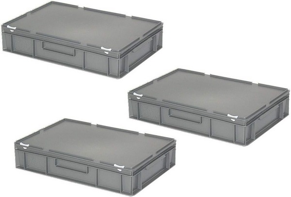 BRB Spar-Set - 3x Eurobehälter mit Deckel mit Scharnieren und 2 Schiebeverschlüssen, PE-HD, lebensmittelecht, LxBxH 600x400x130 mm, 23 Liter, grau.