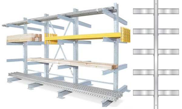 BRB Doppelseitiges Kragarmregal, verzinkt, BxTxH 3100x1340x3000 mm, 3 Regalfelder, (2x6) 12 Ebenen, Tragkraft/Fachebene 600 kg.