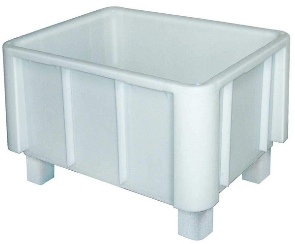 Der lebensmittelechte Euro-Schwerlastbehälter mit 4 Füßen, den Maßen 800x600x510 mm bietet ein Fassungsvermögen von 140 Litern.