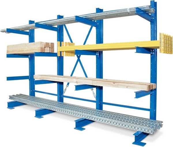 BRB Komplett-Kragarmregal mit 4 Ständern, 2 Regalfelder, Tragkraft 6000 kg, Länge 3,1 Meter, Höhe 2 Meter, Kragarme im Raster höhenverstellbar.