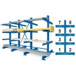 Kragarmregal, blau kunststoffbeschichtet, BxTxH 3100x1340x2000 mm, doppelseitig, 3 Regalfelder, (2x4) 8 Ebenen, Tragkraft/Fachebene 1000 kg.