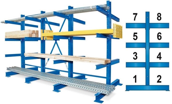 Kragarmregal, blau kunststoffbeschichtet, BxTxH 3100x1340x2000 mm, doppelseitig, 3 Regalfelder, (2x4) 8 Ebenen, Tragkraft/Fachebene 1000 kg. Kragarmregal, blau kunststoffbeschichtet, BxTxH 3100x1340x2000 mm, doppelseitig, 3 Regalfelder, (2x4) 8 Ebenen, Tragkraft/Fachebene 1000 kg.