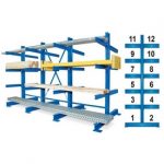 BRB Kragarmregal, BxTxH 3100x1340x3000 mm, doppelseitig, 3 Regalfelder, (2×6) 12 Ebenen, Tragkraft/Fachebene 600 kg.