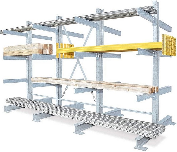 BRB, Kragarmregal feuerverzinkt, doppelseitig, BxTxH 3100x1340x2000 mm, 3 Regalfelder, (2x4) 8 Ebenen, Tragkraft/Fachebene 1000 kg. mit Edelstahl-Spannschlössern.