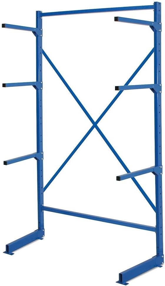 BRB Kragarmregal, leichte Ausführung, blau, BxTxH 1060x450x1950 mm, 3 Lagerebenen plus Fußebene, Tragkraft beträgt 50 kg pro Arm und 150 kg pro Ständer, mit einer Gesamt-Tragkraft von bis zu 300 kg. 