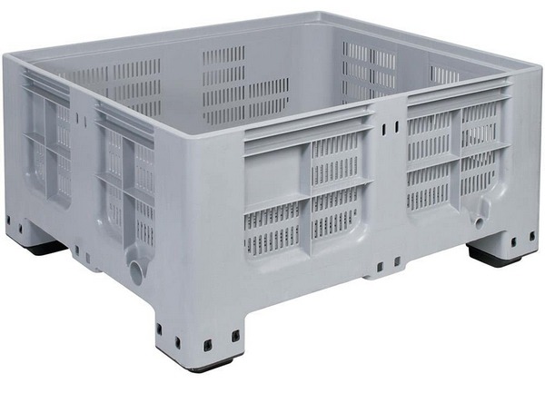 BRB Palettenbox mit 4 Füßen, Boden / Wände durchbrochen, PE-HD, lebensmittelecht, 400 Liter, LxBxH 1200 x 1000 x 580 mm, grau.