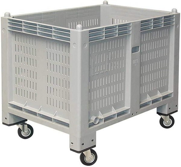 BRB Palettenbox mit 4 Gummi-Lenkrollen Ø 120mm, Wände geschlitzt, Boden geschlossen, LxBxH 1200x800x1000 mm.