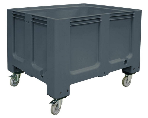 Palettenbox mit 4 Lenkrollen und 2 Feststellbremsen, 610-Liter, LxBxH 1200x1000x915 mm,  lebensmittelecht, für den Einsatz in Tiefkühlhäusern geeignet.