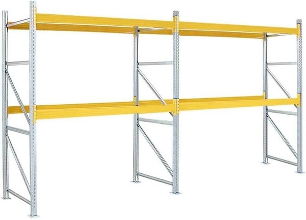 BRB Palettenregal - 3 Stellebenen inkl. Bodenebene. Stellplätze für 18 Paletten Europaletten 1200x800 mm. 4 Paar Tragbalken, Stecksystem, erweiterbar, BxTxH 5710x1100x3000 mm, Fachlast 2600 kg/Tragbalkenpaar.