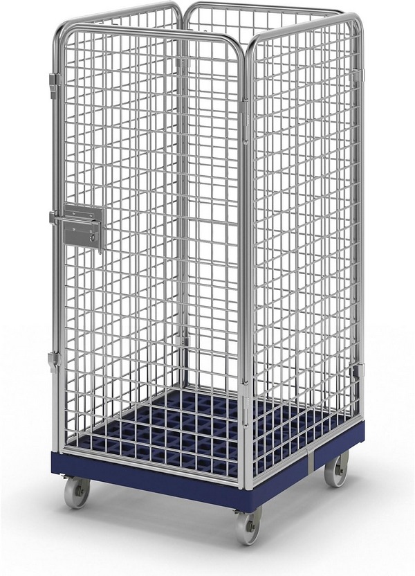 Drahtgitterbehälter mit Kunststoff-Rollplatte, 4-seitig, Nutzhöhe 1350 mm , Außenmaß 724 x 815 mm, zwei Lenk- und zwei Bockrollen.