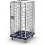 Drahtgitterbehälter mit Kunststoff-Rollplatte, 4-seitig, Nutzhöhe 1350 mm , Außenmaß 724 x 815 mm, zwei Lenk- und zwei Bockrollen.