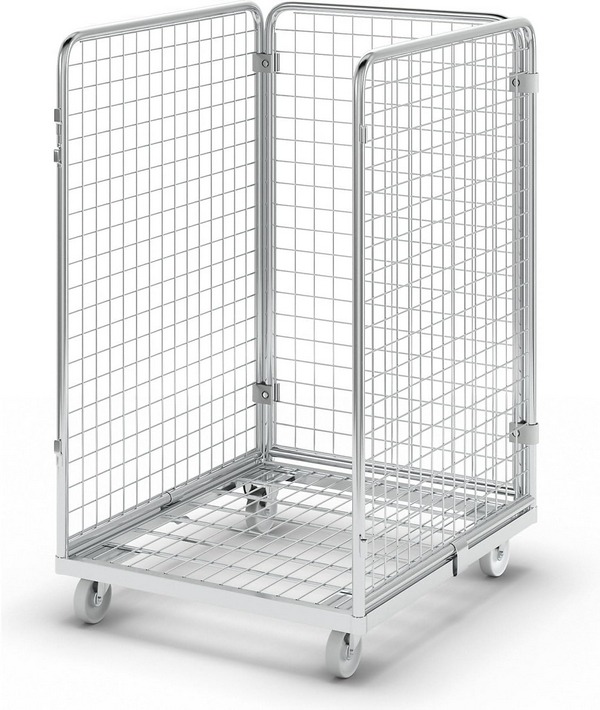 Drahtgitterbehälter mit Stahl-Rollplatte, 3-seitig, Nutzhöhe 1020 mm, Außenmaße von 724 x 815 mm, Drahtmaschung von 50 x 50 mm, mit 2 Lenk- und 2 Bockrollen. Drahtgitterbehälter mit Stahl-Rollplatte, 3-seitig, Nutzhöhe 1020 mm, Außenmaße von 724 x 815 mm, Drahtmaschung von 50 x 50 mm, mit 2 Lenk- und 2 Bockrollen.