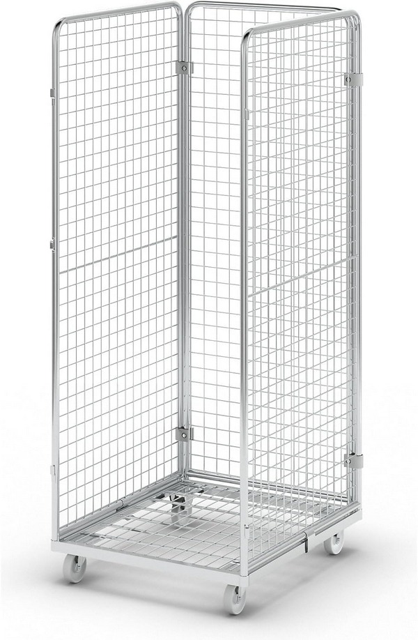 Drahtgitterbehälter mit Stahl-Rollplatte, 3-seitig, Außenmaße von 724 x 815 mm, Nutzhöhe 1585 mm Drahtmaschung von 50 x 50 mm, mit 2 Lenk- und 2 Bockrollen. Drahtgitterbehälter mit Stahl-Rollplatte, 3-seitig, Außenmaße von 724 x 815 mm, Nutzhöhe 1585 mm Drahtmaschung von 50 x 50 mm, mit 2 Lenk- und 2 Bockrollen.
