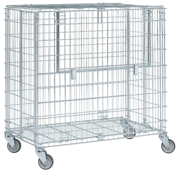 Gitterwagen / Ballwagen, L 950 x B 615 x H 1030 mm, mit 1 Ladeklappe oben und 1 Ladeklappe auf der Längsseite, im leeren Zustand platzspared zusammenfaltbar.