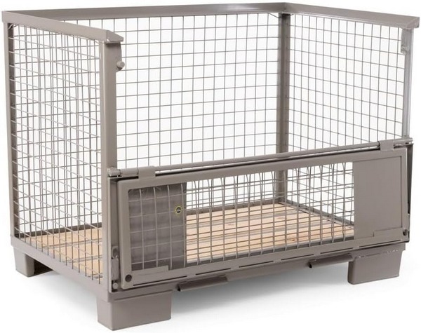 Gitterbox mit 2-fach Doppelvorderwandklappe, aus Stahl, grau, 5-fach stapelbar, 1500 kg Tragkraft, HxBxT 97 x 124 x 83,5 cm