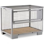 Euro-Gitterbox mit halb abklappbarer Längswand, aus Stahl, grau, 5-fach stapelbar, 1500 kg Tragkraft, HxBxT 97 x 124 x 83,5 cm.