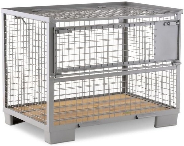 Euro-Gitterbox mit halb abklappbarer Längswand, aus Stahl, grau, 5-fach stapelbar, 1500 kg Tragkraft, HxBxT 97 x 124 x 83,5 cm.