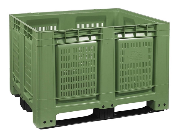 Palettenbox mit 3 Kufen, perforiert, 120x100x79 cm, grün