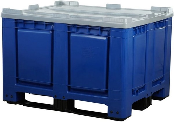 Logiplast Palettenbox mit Deckel LxBxH: 1200 x 1000 x 790 mm geschlossen mit 3 Kufen in blau, Deckel grau. Lebensmittelecht und für Tiefkühlung bis  - 40 °C geeignet.