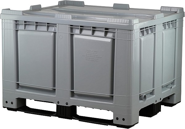 Logiplast Palettenbox mit Deckel LxBxH: 1200 x 1000 x 790 mm geschlossen mit 3 Kufen in grau, Deckel grau. Lebensmittelecht und für Tiefkühlung bis  - 40 °C geeignet.