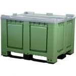 Logiplast Palettenbox mit Deckel LxBxH: 1200 x 1000 x 790 mm geschlossen mit 3 Kufen in grün, Deckel grau. Lebensmittelecht und für Tiefkühlung bis - 40 °C geeignet.