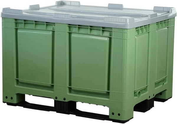 Logiplast Palettenbox mit Deckel LxBxH: 1200 x 1000 x 790 mm geschlossen mit 3 Kufen in grün, Deckel grau. Lebensmittelecht und für Tiefkühlung bis  - 40 °C geeignet.