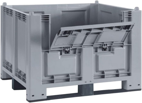 Palettenbox mit Kommissionierklappe , 120x80x85 cm, 3-Kufen, lebensmittelecht