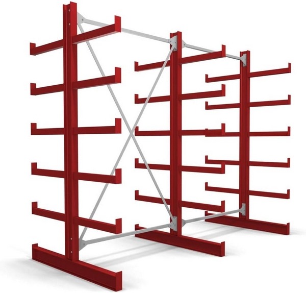 STIER Kragarmregal doppelseitig - 2 Felder mit 5 Ebenen 2600x2000x500mm feuerrot, angeschweißte Kragarme mit Abrollsicherung, Fuß kann als 6. Lagerebene verwendet werden.