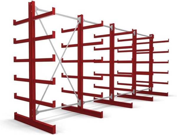 STIER Kragarmregal doppelseitig - 4 Felder mit 5 Ebenen 5200x2000x500/1150mm feuerrot, angeschweißte Kragarme mit Abrollsicherung, Fuß kann als 6. Lagerebene verwendet werden.