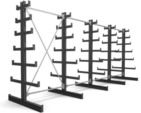 STIER Kragarmregal, doppelseitig, 4 Felder mit 6 absteigenden Ebenen, BxHxT 5200x2000x500 mm, Regalsystem mit 6 nach oben verjüngenden Kragarmen (pro Seite), Tragkraft pro Kragarm 200kg.