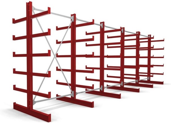 STIER Kragarmregal doppelseitig - 5 Felder mit 5 Ebenen 6500x2000x500/1150mm feuerrot, angeschweißte Kragarme mit Abrollsicherung, Fuß kann als 6. Lagerebene verwendet werden.