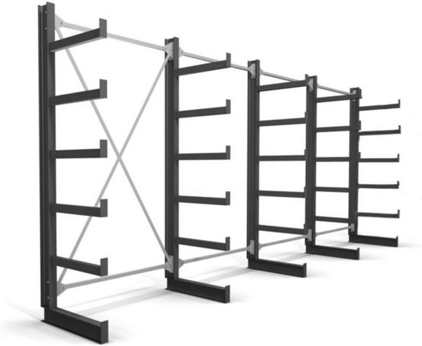 STIER Kragarmregal, einseitig, 4 Felder mit 5 Ebenen, BxHxT 5200x2000x500mm Regalsystem mit 5 gleich langen Kragarmen, Tragkraft pro Kragarm 200kg, Lagersystem mit stabiler Bodenverankerung .