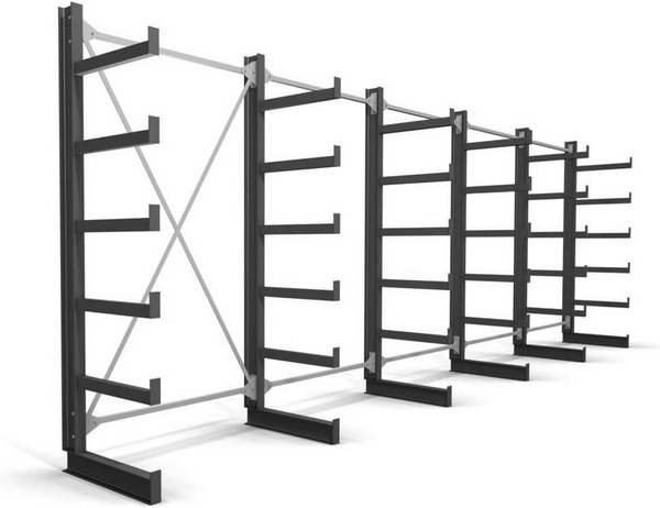 STIER Kragarmregal, einseitig, 5 Felder mit 5 Ebenen, BxHxT 6500x2000x500mm, Regalsystem mit 5 gleich langen Kragarmen, Tragkraft pro Kragarm 200kg, Lagersystem mit stabiler Bodenverankerung. 