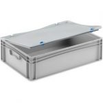 Stabile Aufbewahrungsbox mit fest montiertem Scharnierdeckel, lebensmittelecht, stapelbare Eurobox 60x40x18 cm.