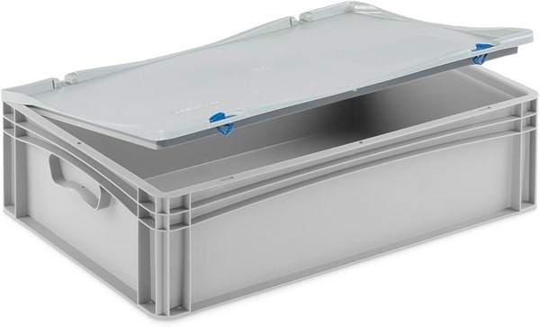 Stabile Aufbewahrungsbox mit fest montiertem Scharnierdeckel, lebensmittelecht, stapelbare Eurobox 60x40x18 cm.