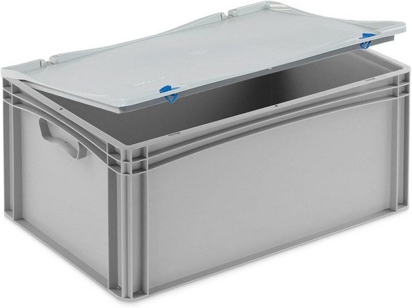 Stabile Aufbewahrungsbox mit fest montiertem Scharnierdeckel, lebensmittelecht, stapelbare Eurobox 60x40x28 cm.